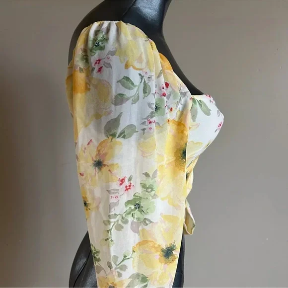 Sheer Floral Bloom Chiffon Crop Top Y2K True Wrap Yellow Romantic Milkmaid - Picture 5 of 10